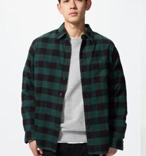 Uniqlo Green Navy Blue Plaid Check Soft Thick Flannel 100% Cotton Shirt MEDIUM